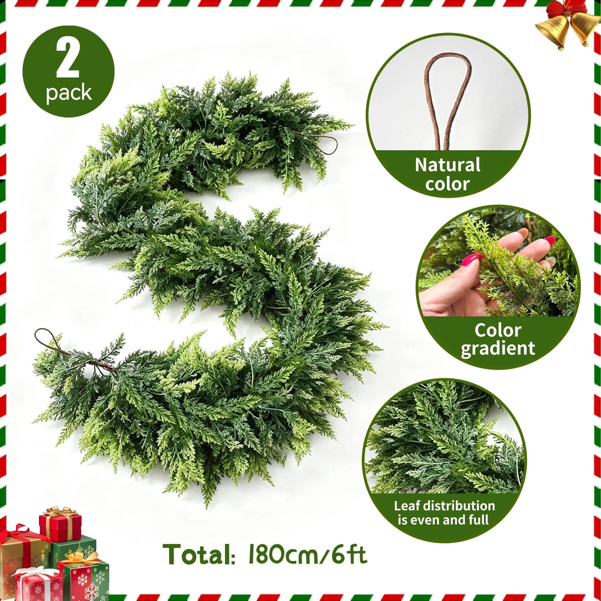 2PCS 6FT Real Touch Evergreen Garland, Artificial Cedar Greenery for Cozy Christmas Mantel, Table, Entryway & Indoor Decor