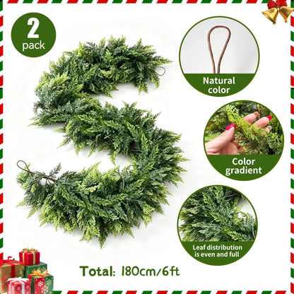 2PCS 6FT Real Touch Evergreen Garland, Artificial Cedar Greenery for Cozy Christmas Mantel, Table, Entryway & Indoor Decor