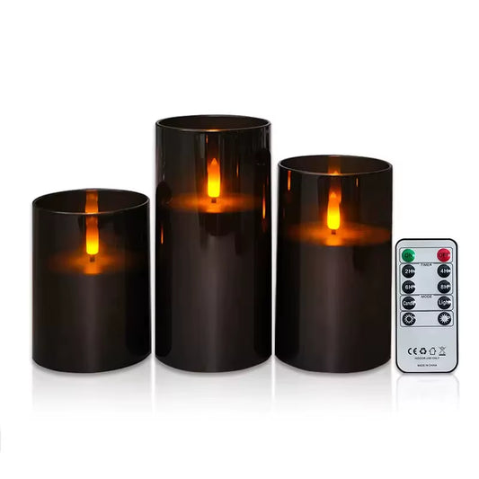 Black Acrylic LED Pillar Candles Battery Operated Flickering Remote Controlled Candle Set F/Party Home Warm Ambient Decoration