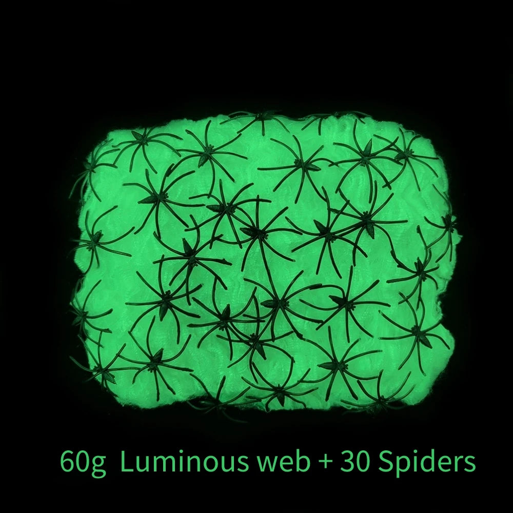 Halloween Decorations Artificial Spider Web Luminous Stretch Cobwebs with Fake Spider Scary Party Scene Decor Horror House Props