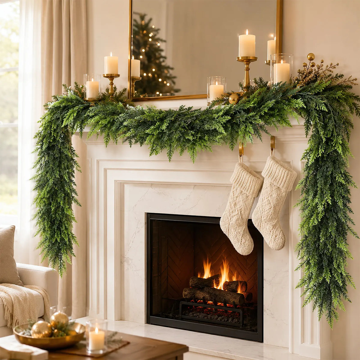 2PCS 6FT Real Touch Evergreen Garland, Artificial Cedar Greenery for Cozy Christmas Mantel, Table, Entryway & Indoor Decor