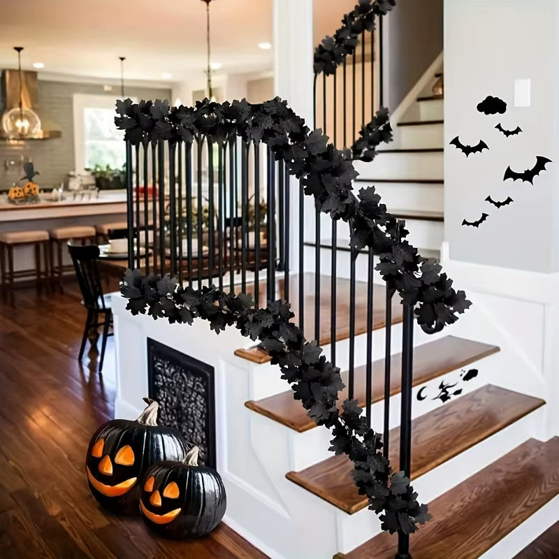 Black Maple Leaf Garland - Realistic Dark Gothic Vampire Bats,Hanging Vine Garland for Halloween,Thanksgiving Decorations