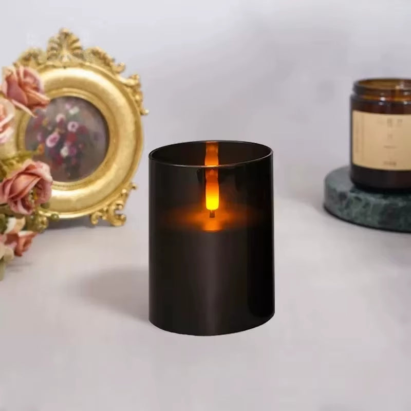Black Acrylic LED Pillar Candles Battery Operated Flickering Remote Controlled Candle Set F/Party Home Warm Ambient Decoration