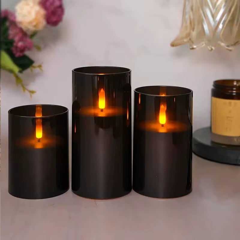 Black Acrylic LED Pillar Candles Battery Operated Flickering Remote Controlled Candle Set F/Party Home Warm Ambient Decoration
