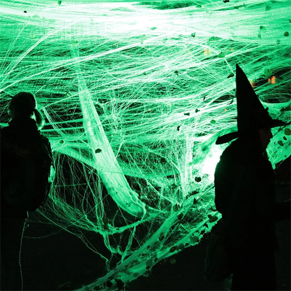 Halloween Decorations Artificial Spider Web Luminous Stretch Cobwebs with Fake Spider Scary Party Scene Decor Horror House Props