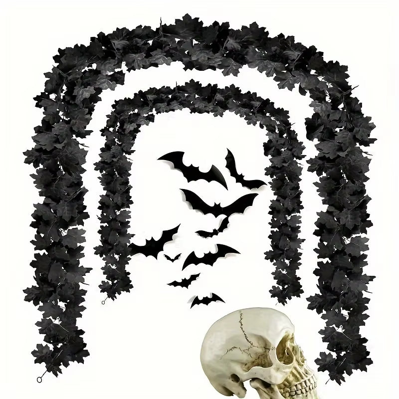 Black Maple Leaf Garland - Realistic Dark Gothic Vampire Bats,Hanging Vine Garland for Halloween,Thanksgiving Decorations