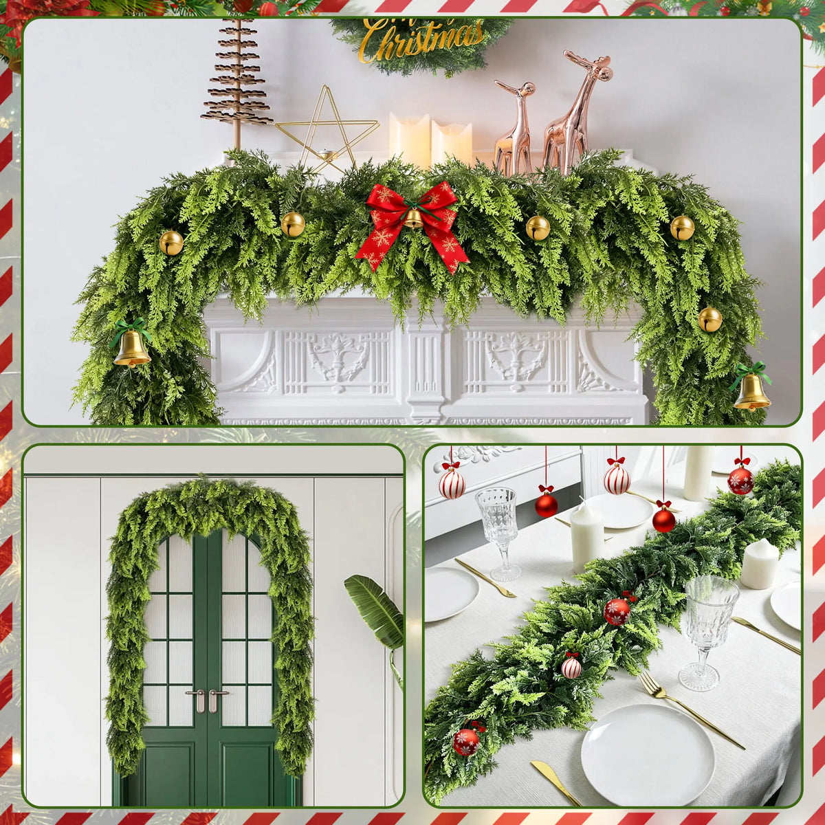 2PCS 6FT Real Touch Evergreen Garland, Artificial Cedar Greenery for Cozy Christmas Mantel, Table, Entryway & Indoor Decor