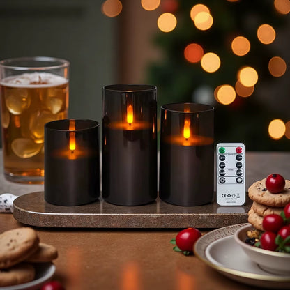Black Acrylic LED Pillar Candles Battery Operated Flickering Remote Controlled Candle Set F/Party Home Warm Ambient Decoration