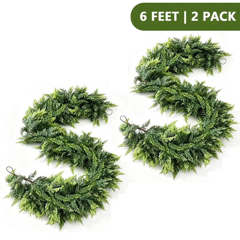 2PCS 6FT Real Touch Evergreen Garland, Artificial Cedar Greenery for Cozy Christmas Mantel, Table, Entryway & Indoor Decor