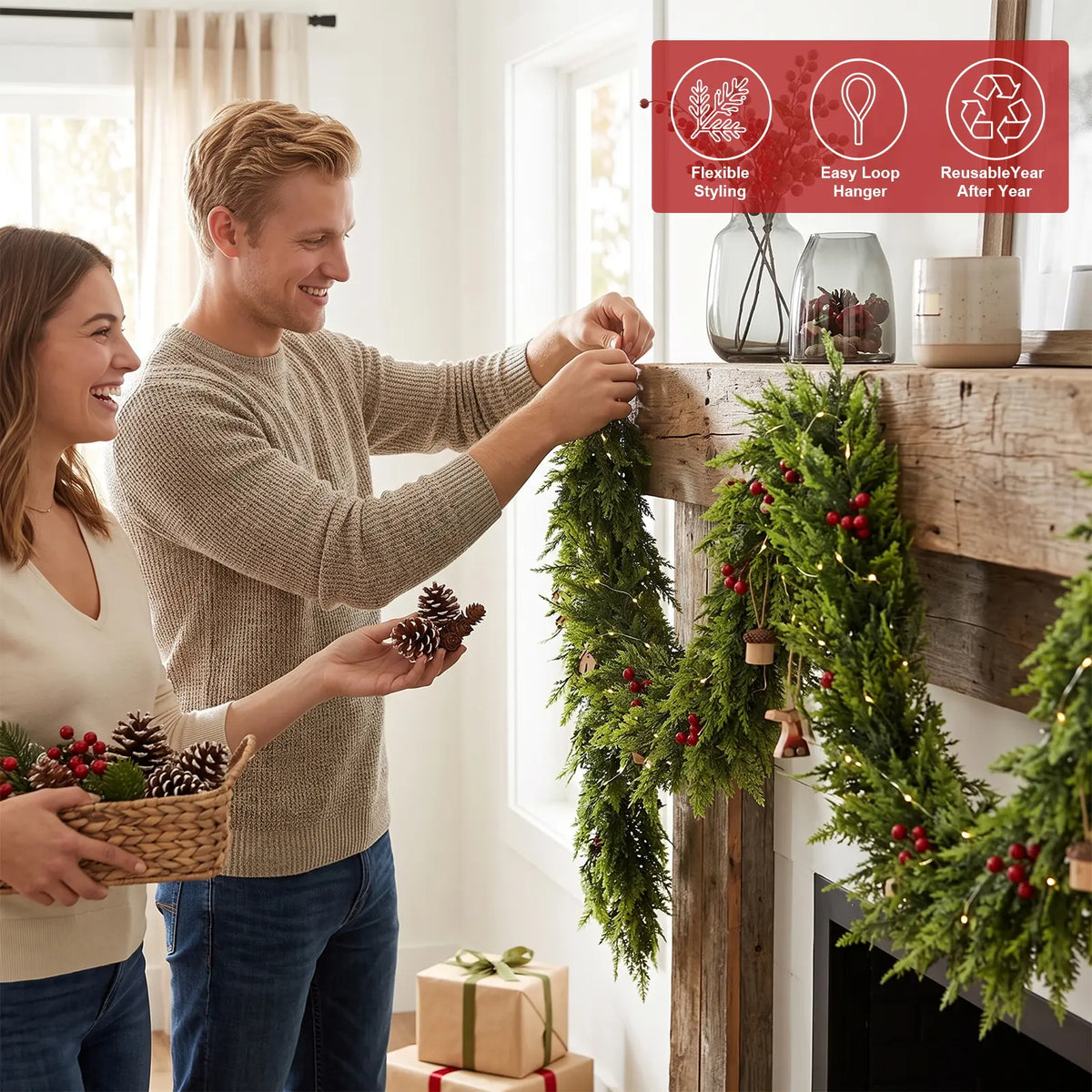 2PCS 6FT Real Touch Evergreen Garland, Artificial Cedar Greenery for Cozy Christmas Mantel, Table, Entryway & Indoor Decor