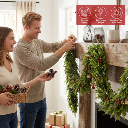 2PCS 6FT Real Touch Evergreen Garland, Artificial Cedar Greenery for Cozy Christmas Mantel, Table, Entryway & Indoor Decor