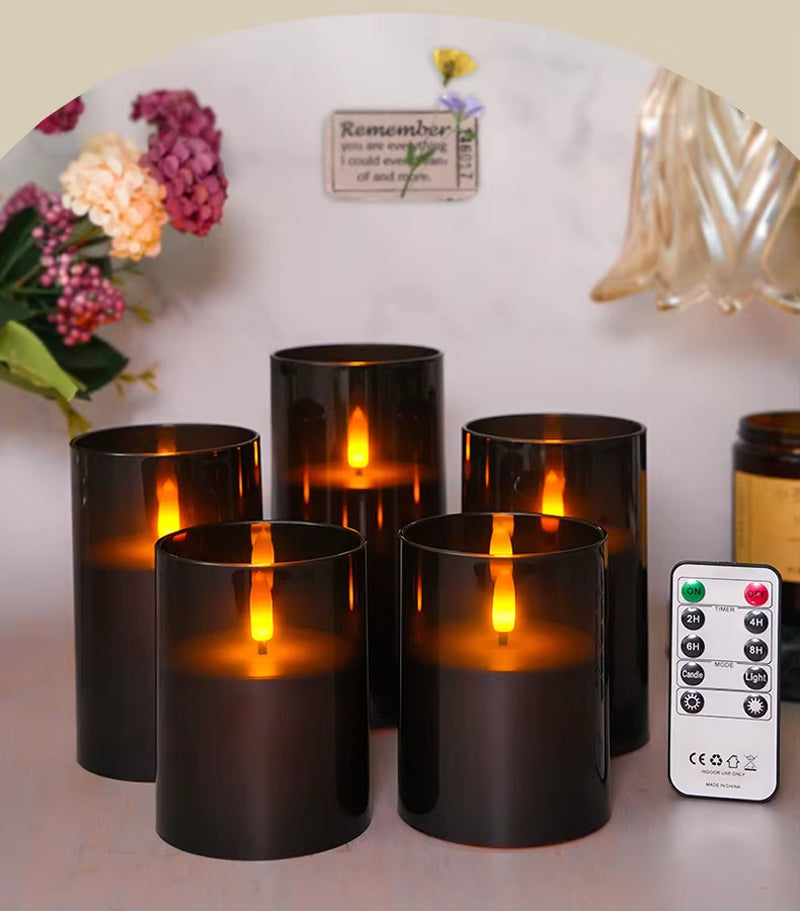 Black Acrylic LED Pillar Candles Battery Operated Flickering Remote Controlled Candle Set F/Party Home Warm Ambient Decoration