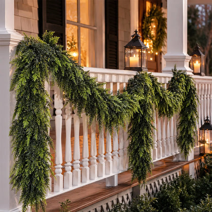 2PCS 6FT Real Touch Evergreen Garland, Artificial Cedar Greenery for Cozy Christmas Mantel, Table, Entryway & Indoor Decor