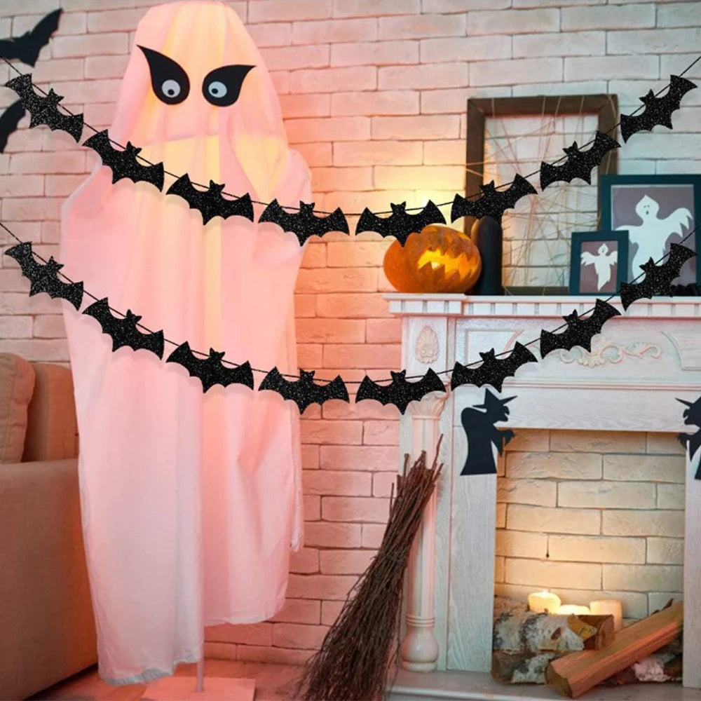 Runtowo 1Set Paper Bat Banner ,Halloween Hanging Garland ,Happy Halloween Flag Party Decorations