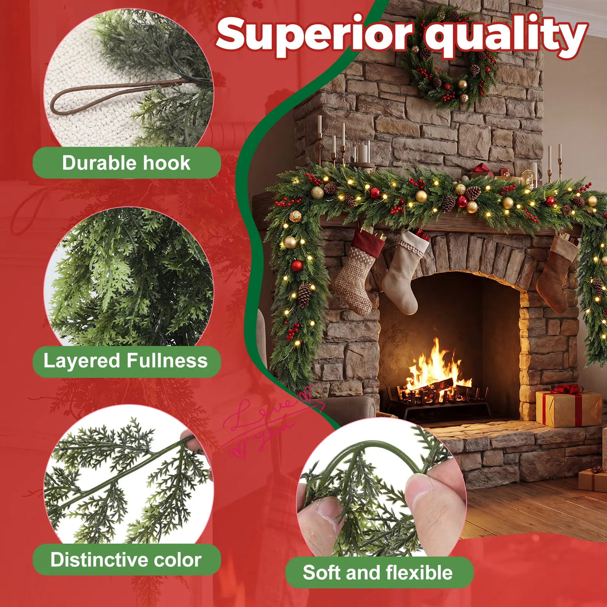 2PCS 6FT Real Touch Evergreen Garland, Artificial Cedar Greenery for Cozy Christmas Mantel, Table, Entryway & Indoor Decor