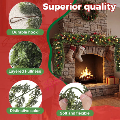 2PCS 6FT Real Touch Evergreen Garland, Artificial Cedar Greenery for Cozy Christmas Mantel, Table, Entryway & Indoor Decor