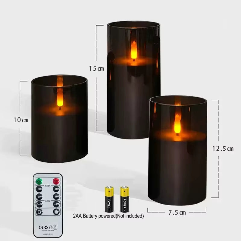 Black Acrylic LED Pillar Candles Battery Operated Flickering Remote Controlled Candle Set F/Party Home Warm Ambient Decoration