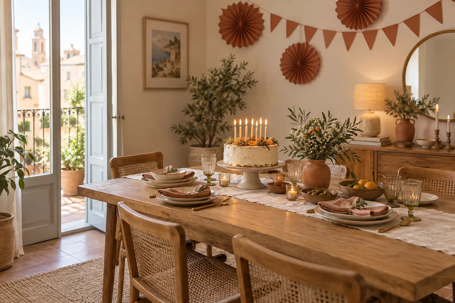 Mesa para cuatro personas con decoración de cumpleaños
