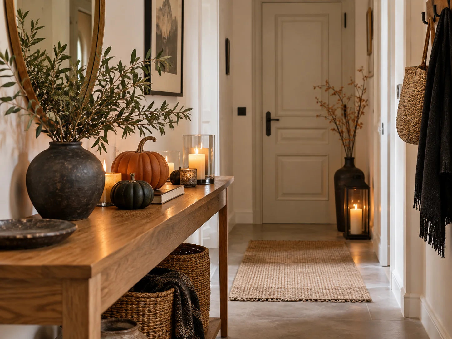 Entrada de piso con calabazas y luces cálidas
