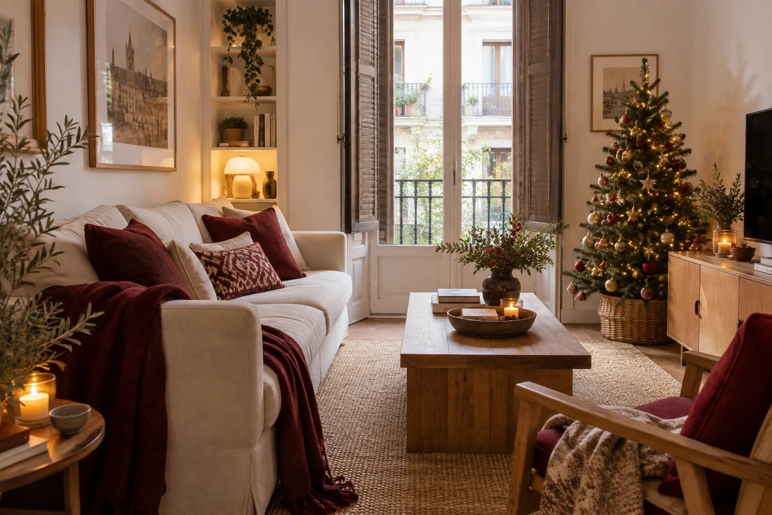 Salón mediterráneo con árbol pequeño y detalles de Navidad